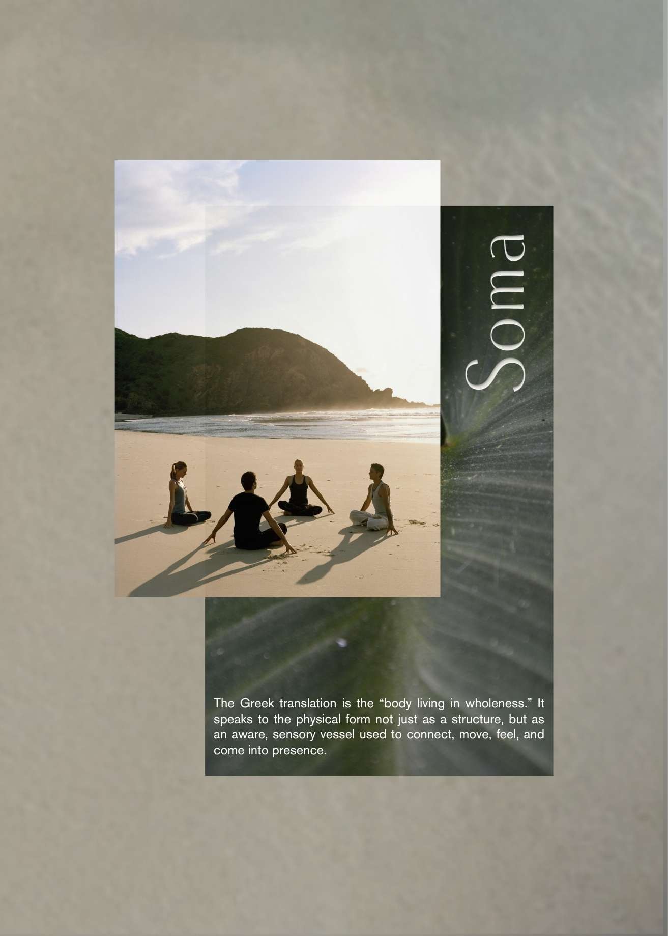 Group meditation session on a serene beach with State of Soma brand banner, representing holistic healing and mindful movement.