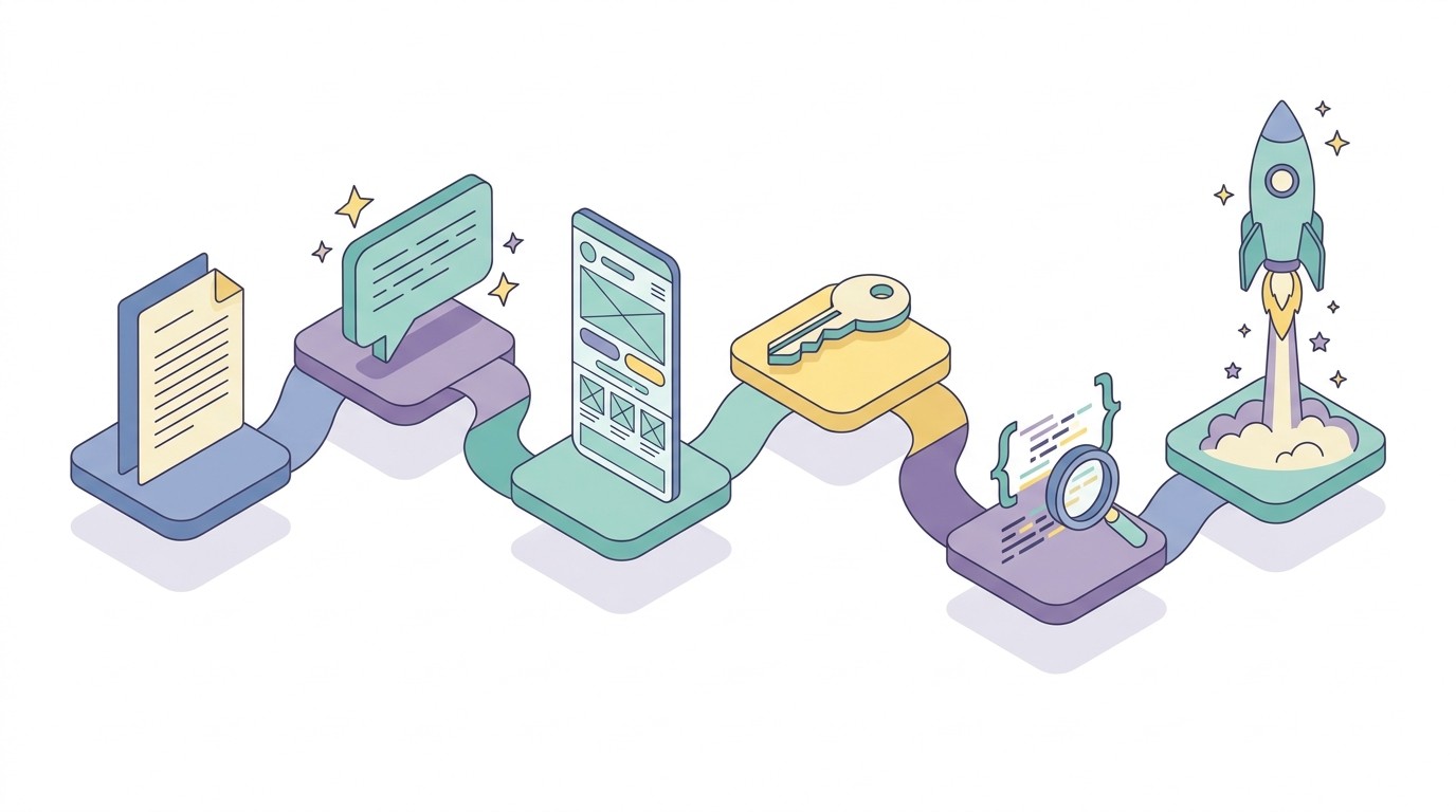 Isometric illustration of a six-step workflow for vibe coding a mobile app showing stages from spec to review
