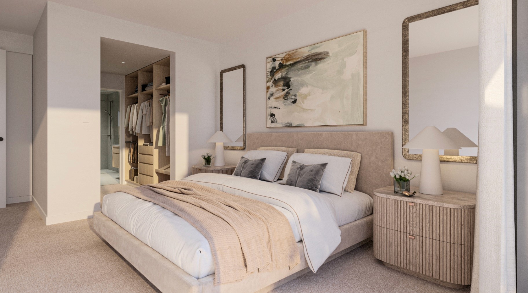 Elegant bedroom interior at Kew Tallawong featuring soft neutral tones, built-in storage, and a calm, refined residential design.