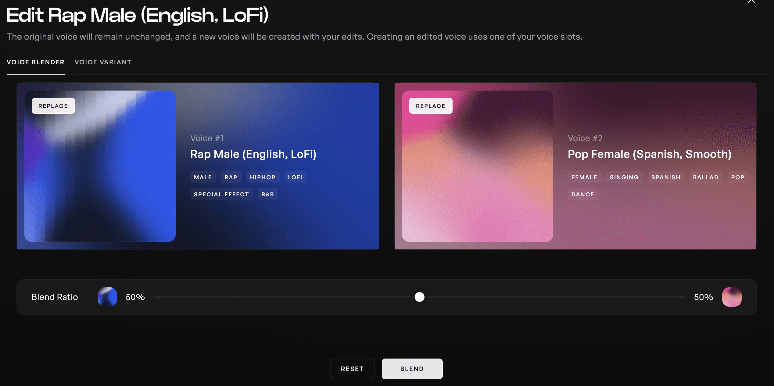 Voice blending page with two voices selected