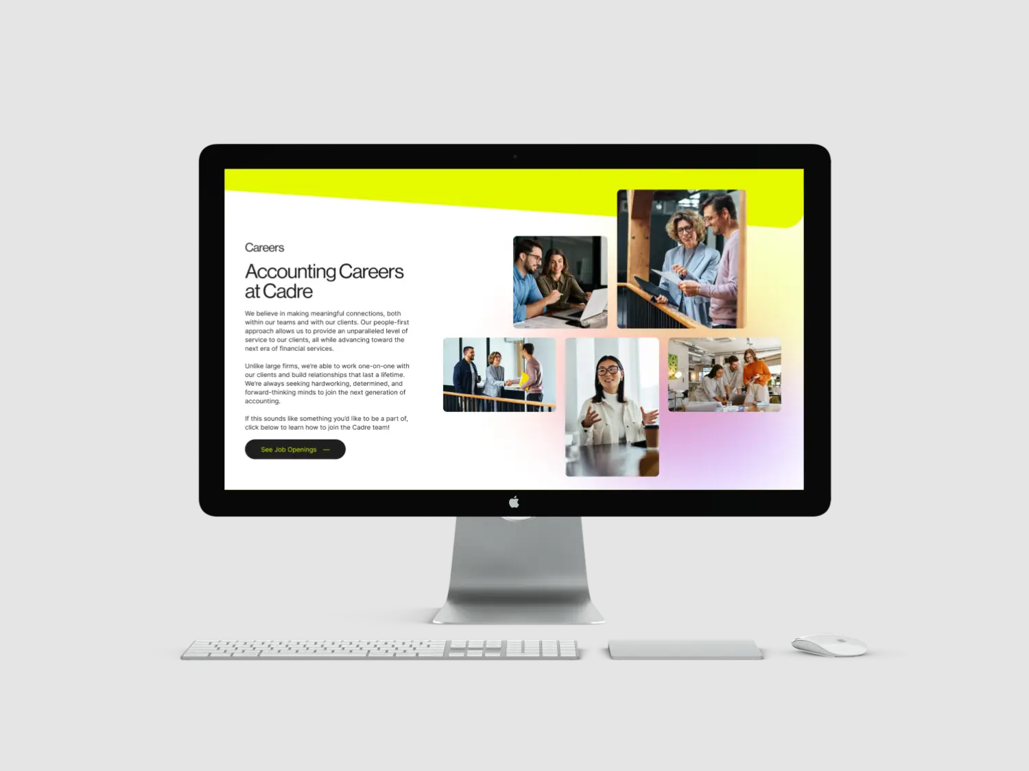 A computer monitor displays a colorful webpage featuring various images and text content.