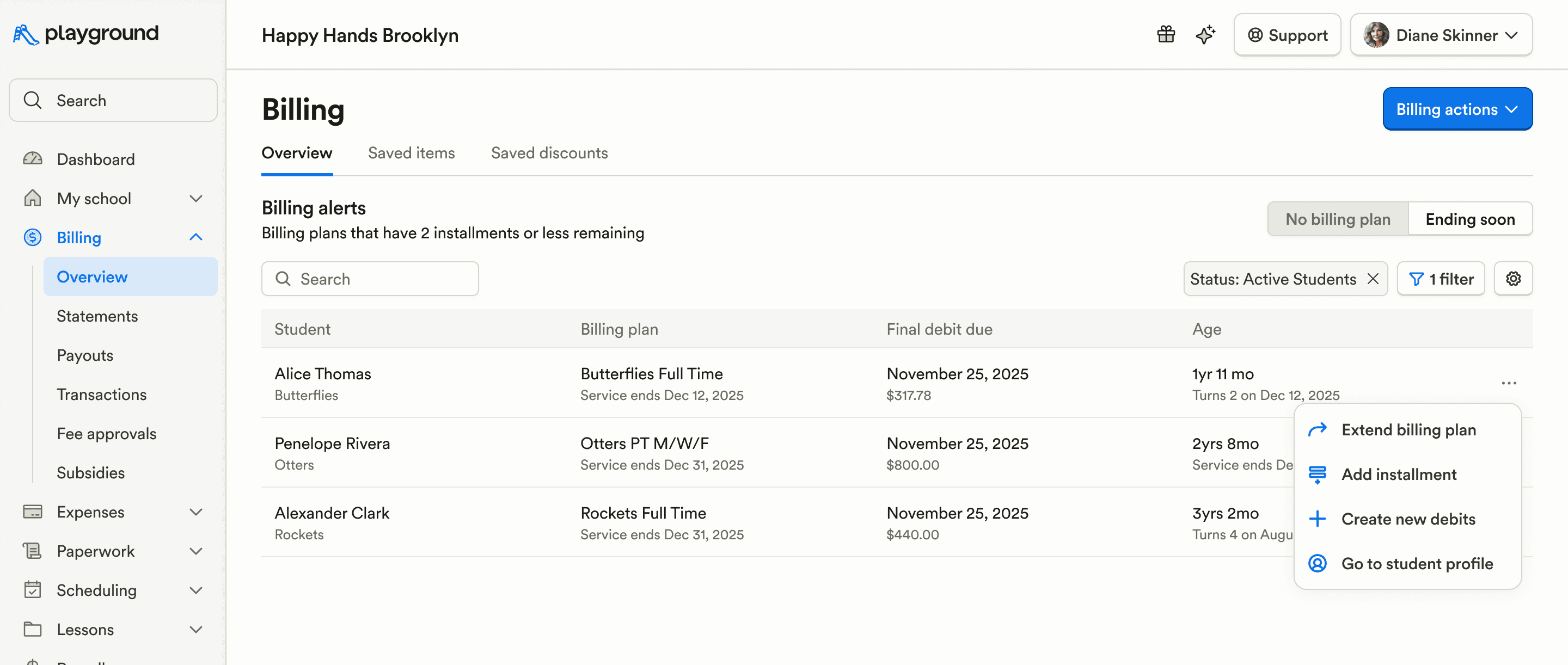 Quick filters on billing alerts