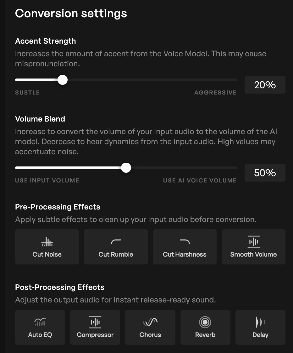 The advanced conversion settings on Kits AI