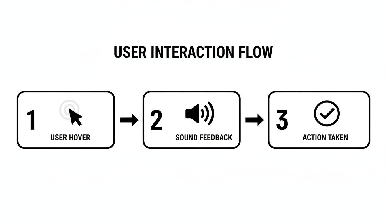 Diagram illustrating user interaction flow: hover triggers sound feedback, leading to action taken.