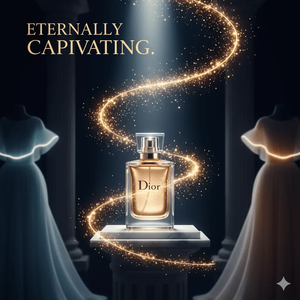 AI-generated Dior luxury fragrance advertisement featuring elegant golden particle effects and ethereal fabric design with tagline "Eternally Captivating," demonstrating premium perfume campaign creative by Mahendra