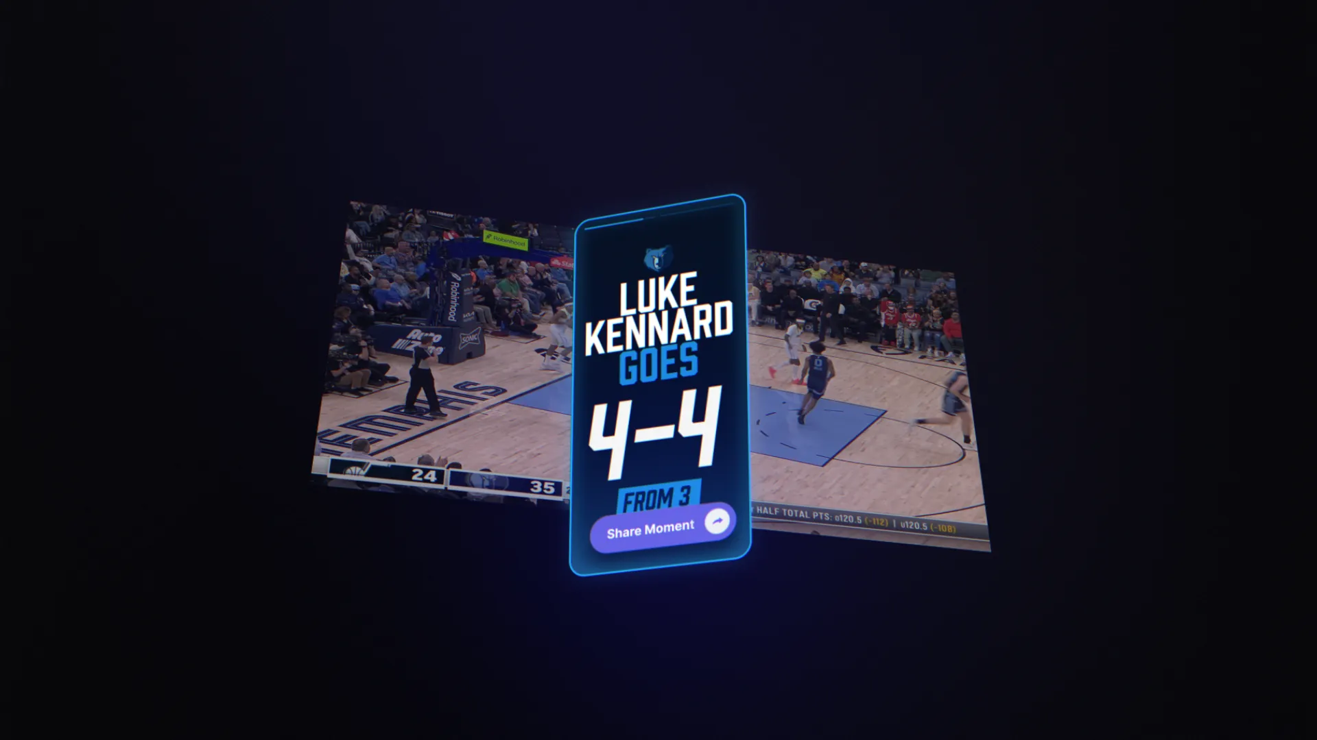 A digital screen displays a simple, blue-themed user interface on a dark background.