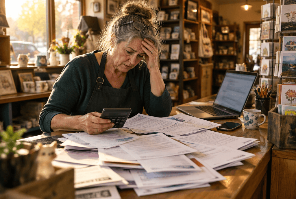 Gift shop owner surrounded by monthly app subscription invoices with a calculator