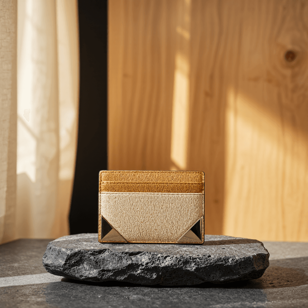 product photography of a cardholder with a metallic accent