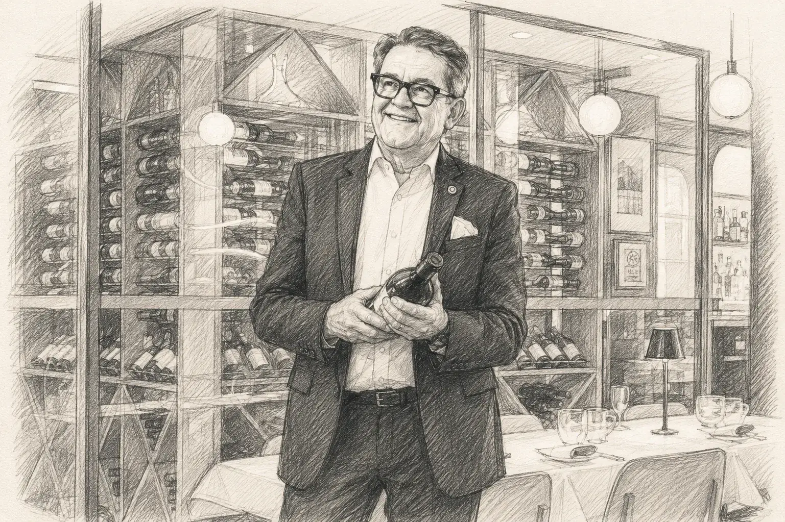 Illustrated portrait of ANNATA's sommelier holding a bottle of wine