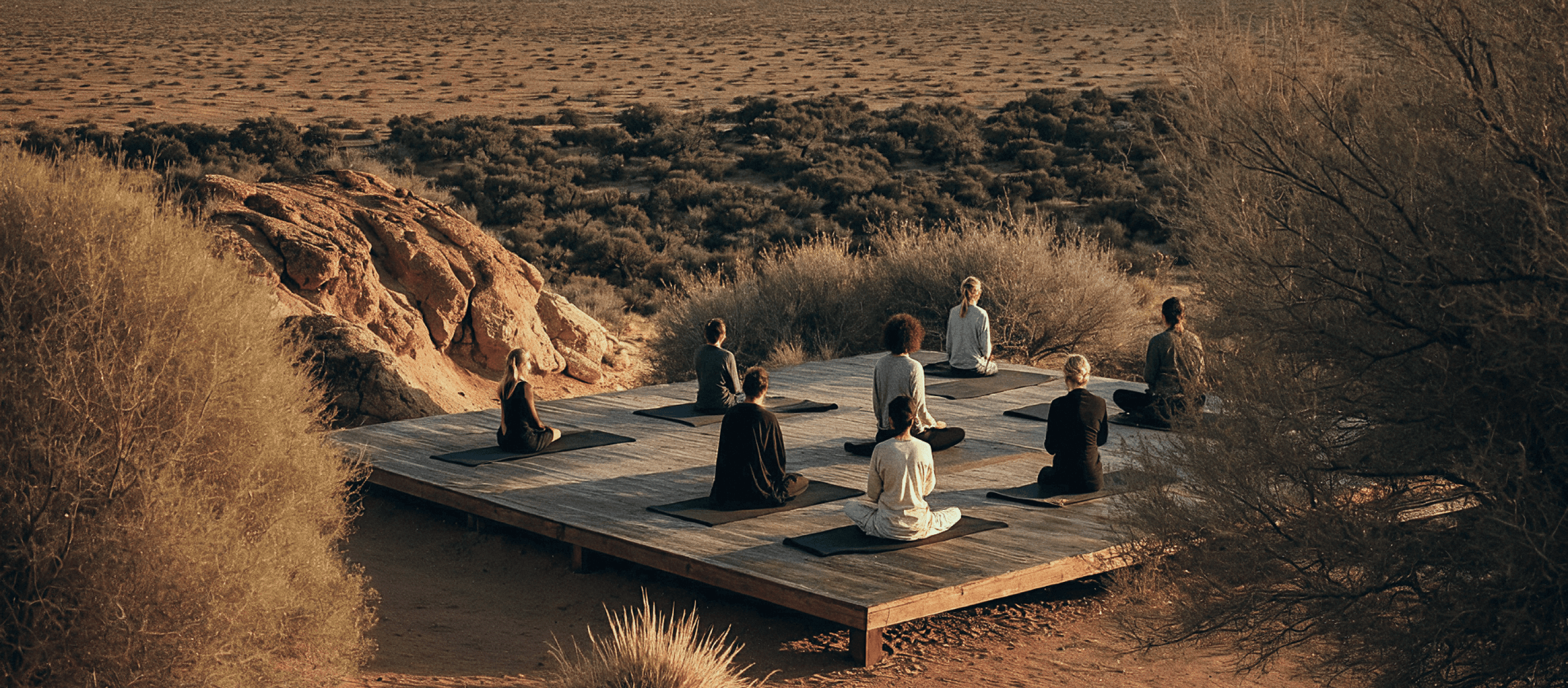Gråhanå wellness retreat yoga session — group meditating outdoors on a wooden platform surrounded by desert landscape, embodying mindfulness, nature connection, and conscious luxury branding by Astrophat Studio.