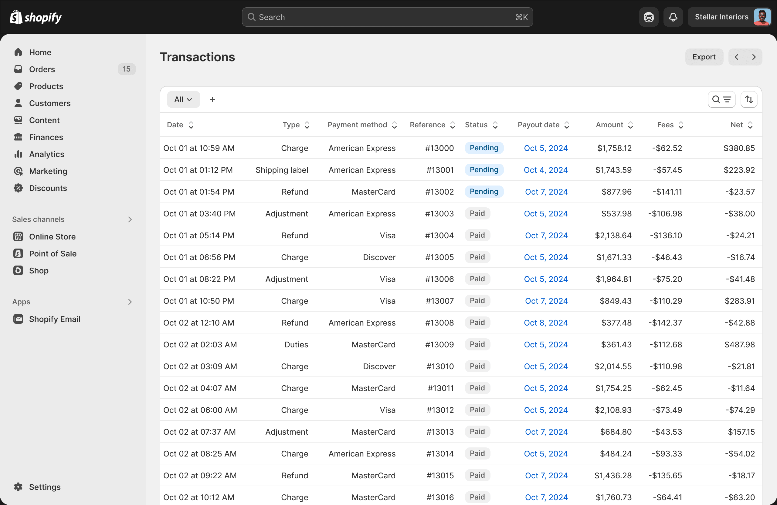 Shopify order transactions