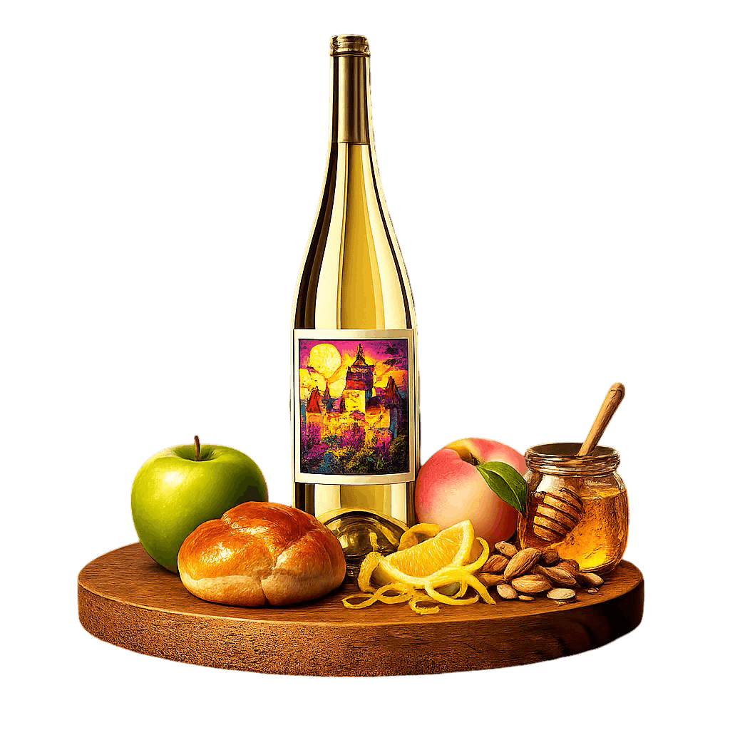 Artistic label and flavor profile for Romanian Sparkling Wine on a rustic wooden table.