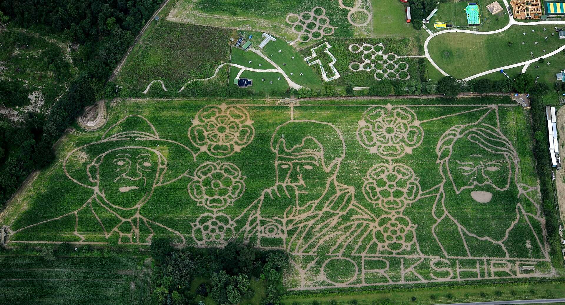Aerial view of crop art in a field spelling 'YORKSHIRE'