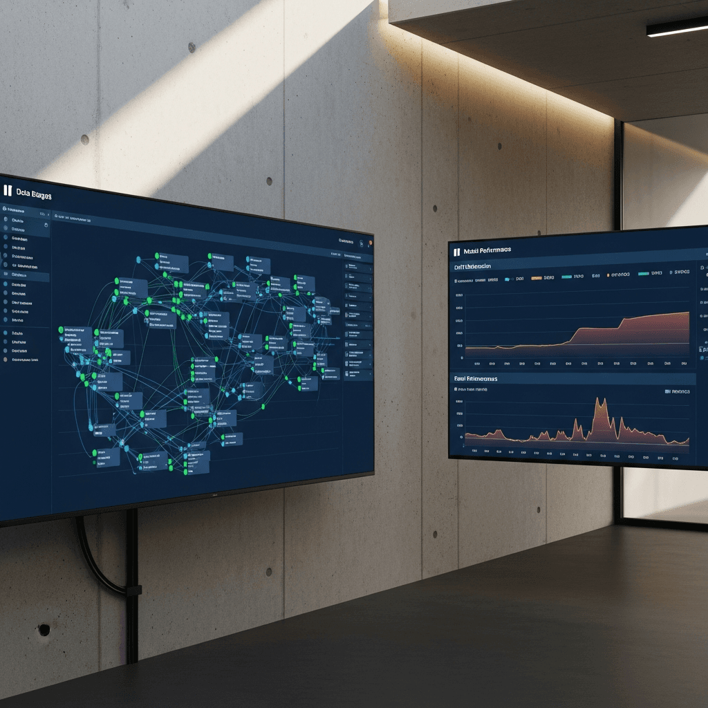Editorial photography of a secure, minimalist financial institution's control room. On the left, a large monitor displays a complex data lineage graph with green status indicators, representing the DataOps domain. On the right, a separate monitor shows a model performance dashboard with drift detection charts, representing MLOps. The room is clean, with architectural concrete walls and subtle lighting. Brand colors #1F3B5B and #F5F2EC are visible in the user interface designs and accent lighting. The upper-left third of the frame has soft, natural light and clear space for text overlays. No people are visible. Aspect ratio 16:9, photorealistic, no text, no logos, no watermarks.