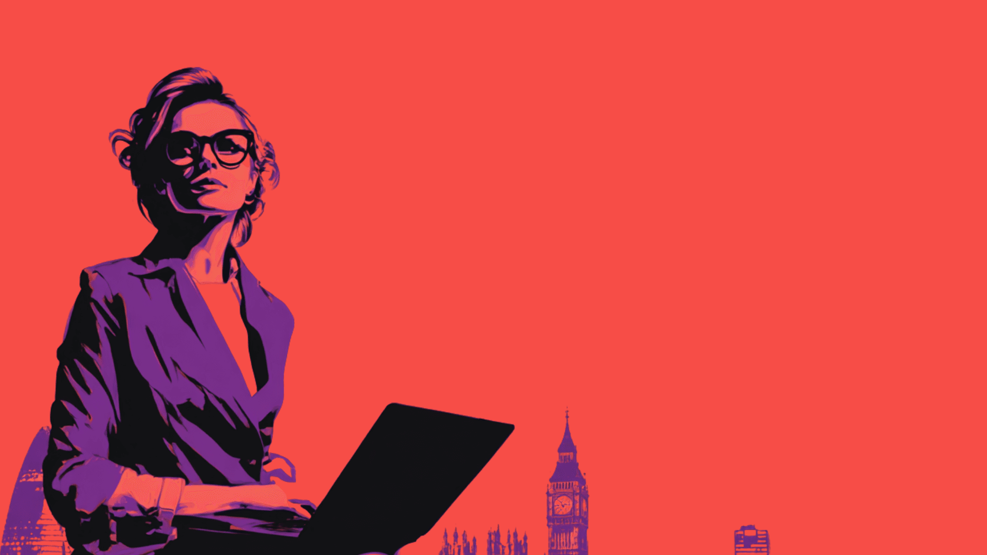 A person wearing glasses and a dark sweater sits at a desk, smiling and giving a thumbs up, with a laptop open in front of them, and a framed abstract painting hanging on the wall behind.