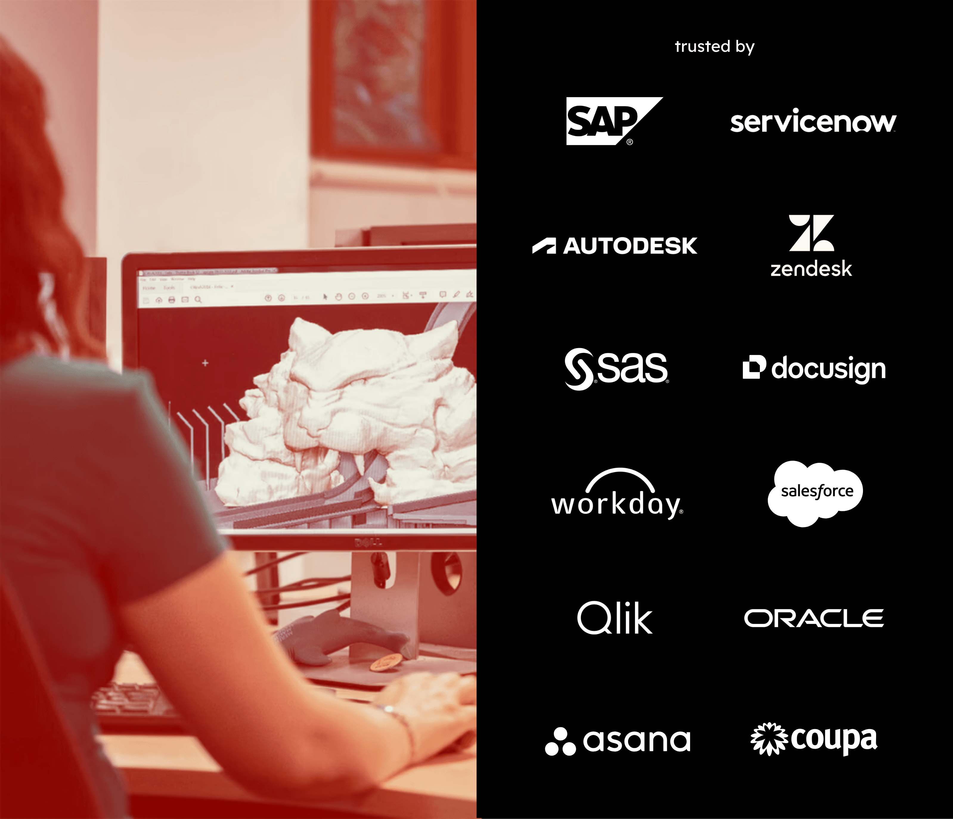 Person working on a computer with a 3D model on the screen, next to a panel showing logos of well-known software companies under the heading