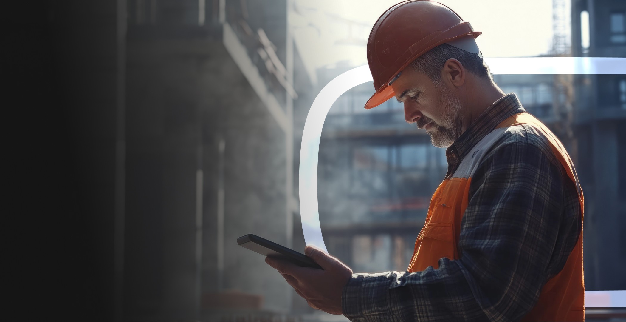 Professionnel du bâtiment consultant sa tablette sur un chantier