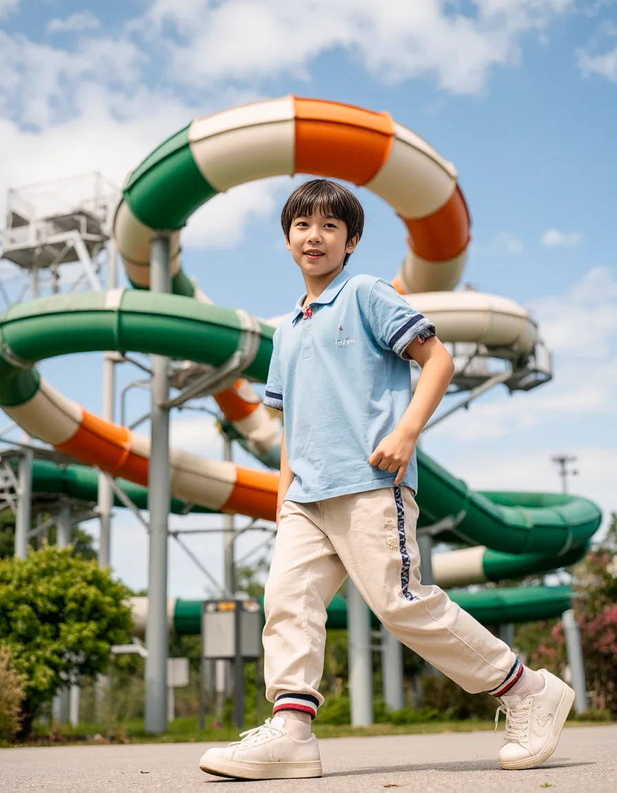 Bright summer day at a water park with colorful green and orange water slides, featuring casual light blue polo and beige pants outfit