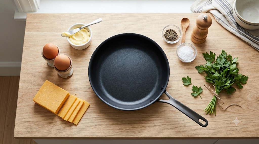A clean flat-lay photograph on a light wooden countertop showing raw ingredients for a breakfast recipe, including two fresh eggs, a block of cheddar cheese with fanned slices, a small bowl of butter, a non-stick skillet, a pepper mill, a pinch bowl of coarse sea salt, and a bundle of fresh parsley, shot in bright natural light.