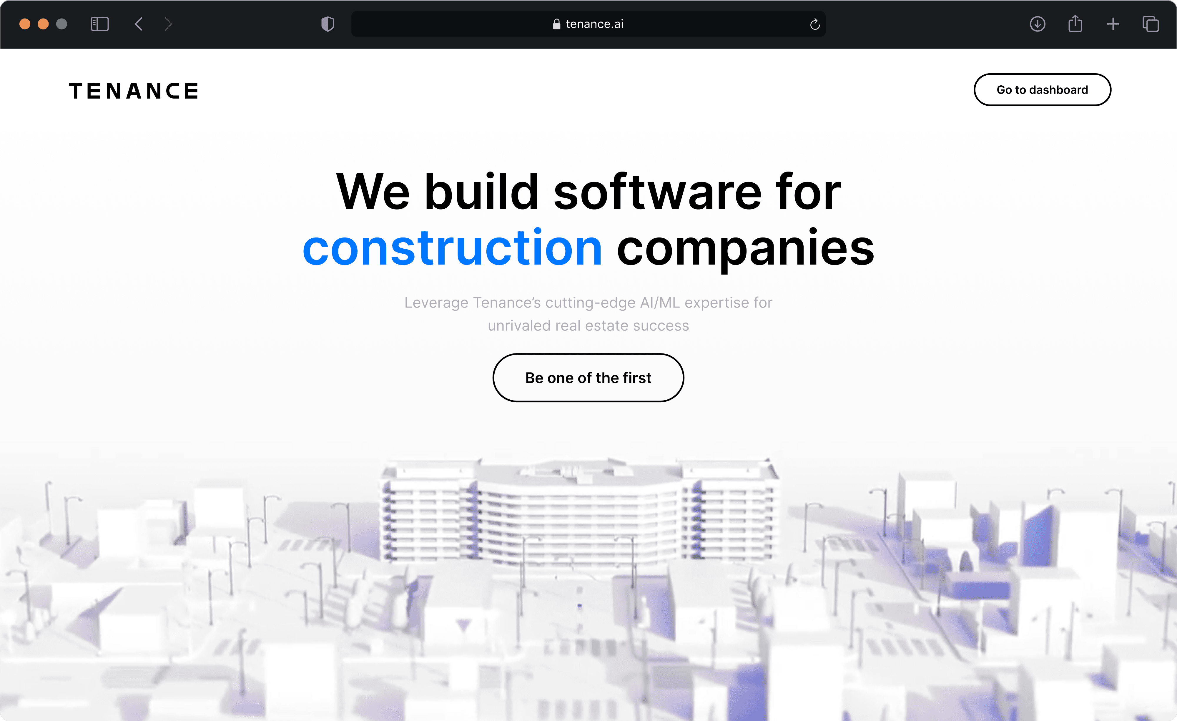 Tenance website showing a 3d Model of a city  made using spline under the main h1 which states {"We build software for construction companies".