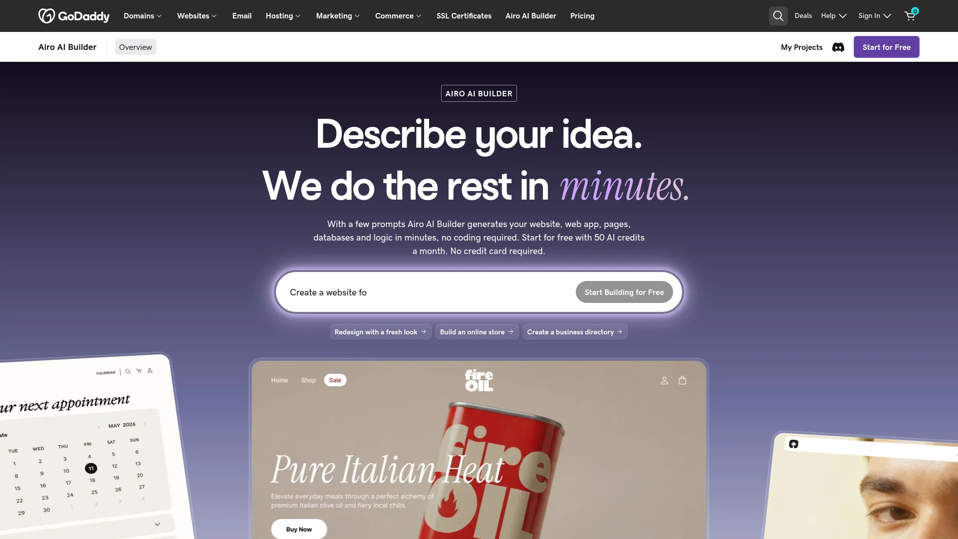 GoDaddy Airo AI website builder page