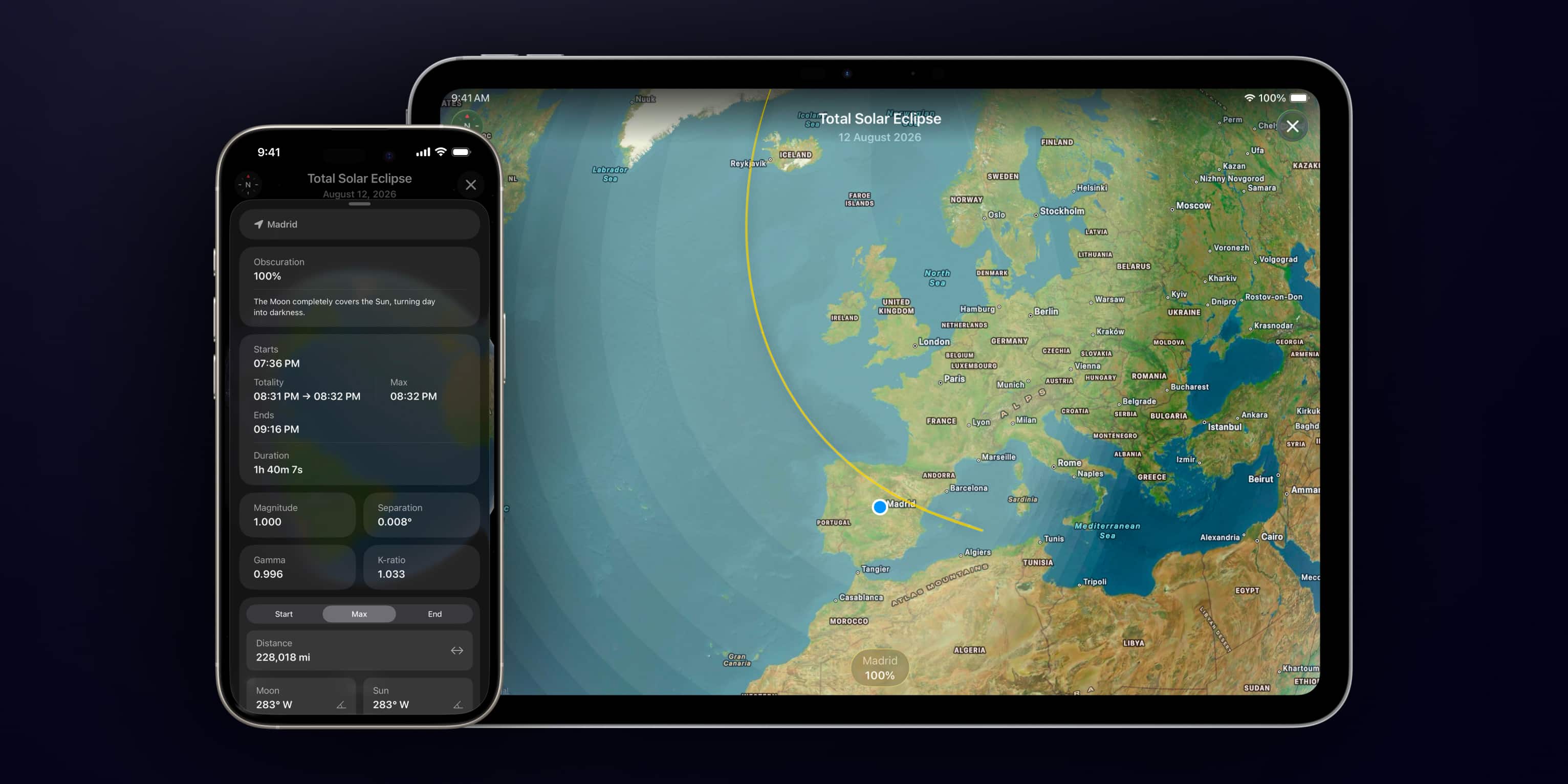 Map page of Moonlitt App. Annular Solar Eclipse 17 February 2026