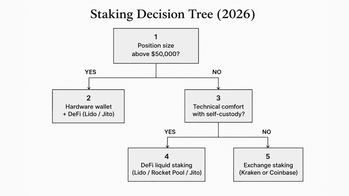 Decision tree for choosing between exchange staking, DeFi, and hardware wallet based on position size and technical comfort