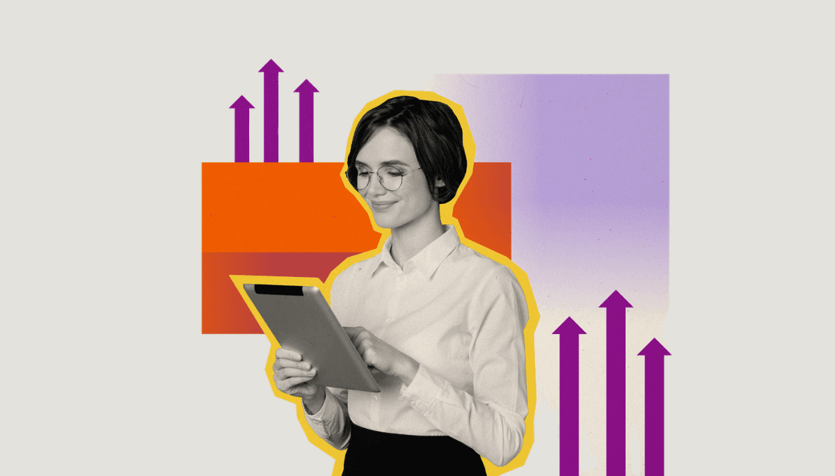 Person with tablet and upward arrows, symbolizing startup cap tables and equity growth.