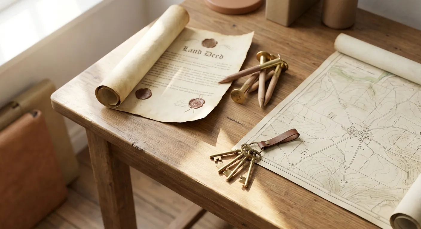 Vintage desk with land deed and old map, showcasing RockN' Socials Digital Marketing Agency.