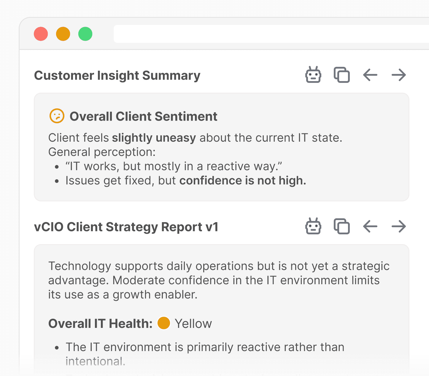 Customer insight summary showing sentiment, recurring issues, and pain points.