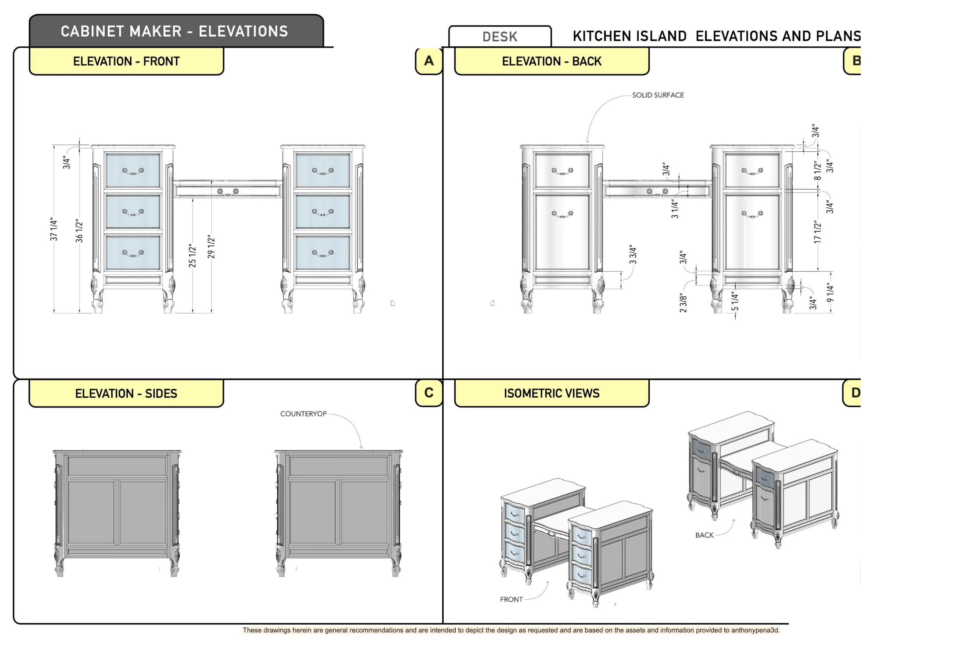 Curved-Front Writing Desk: technical cabinet elevations and interior views.