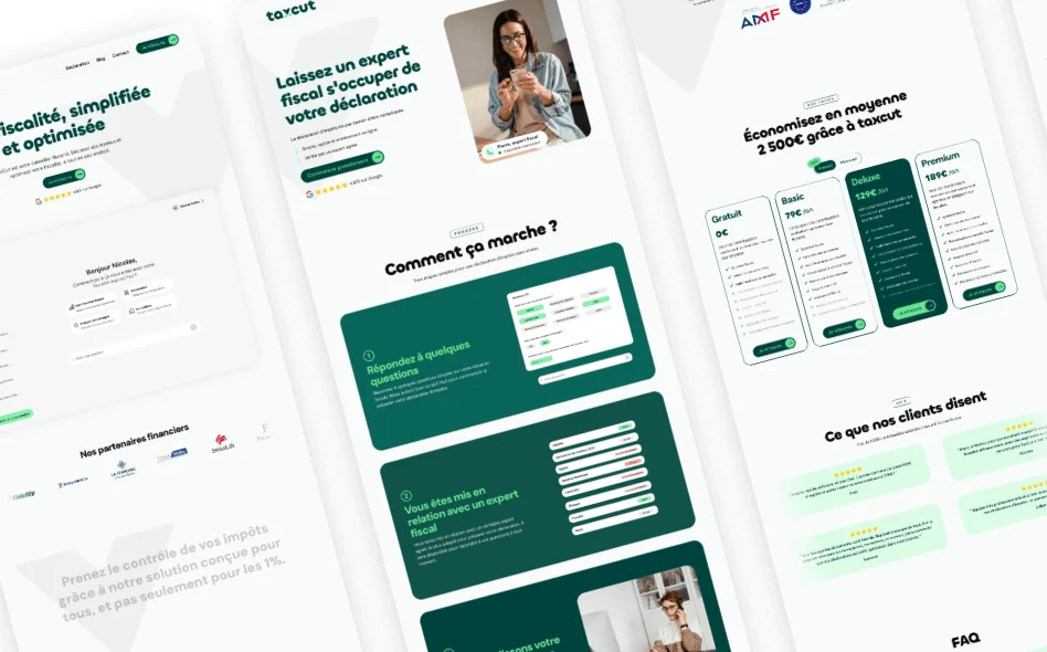 Un visuel montrant plusieurs écrans du site TaxCut, réalisé sur Framer