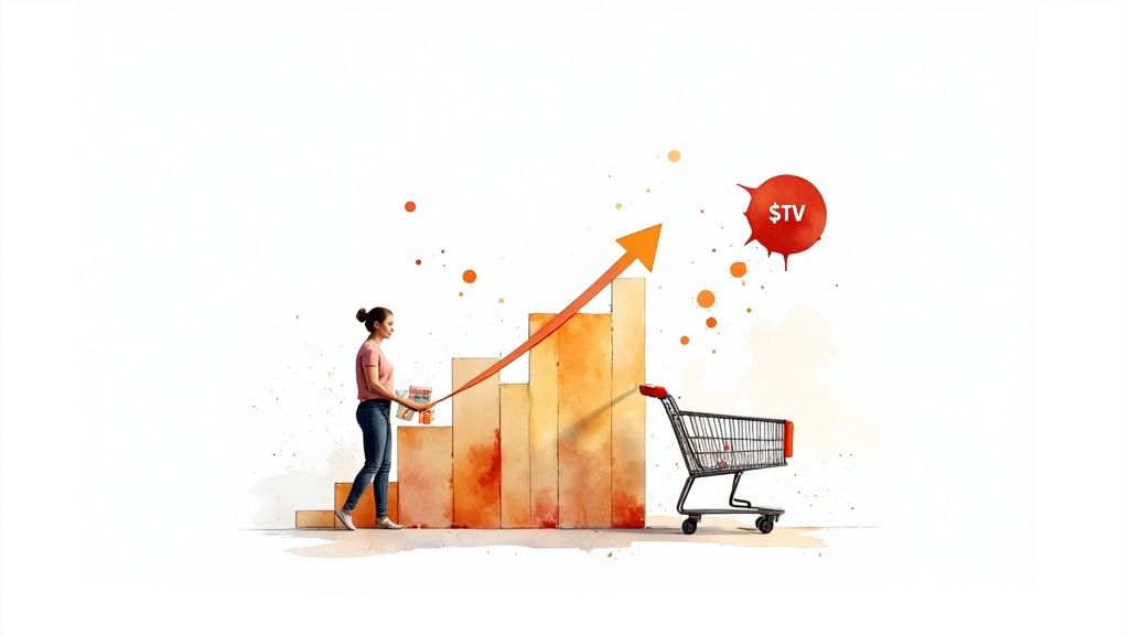 An illustration of a woman walking up a bar chart with an upward arrow, symbolizing increasing customer value.