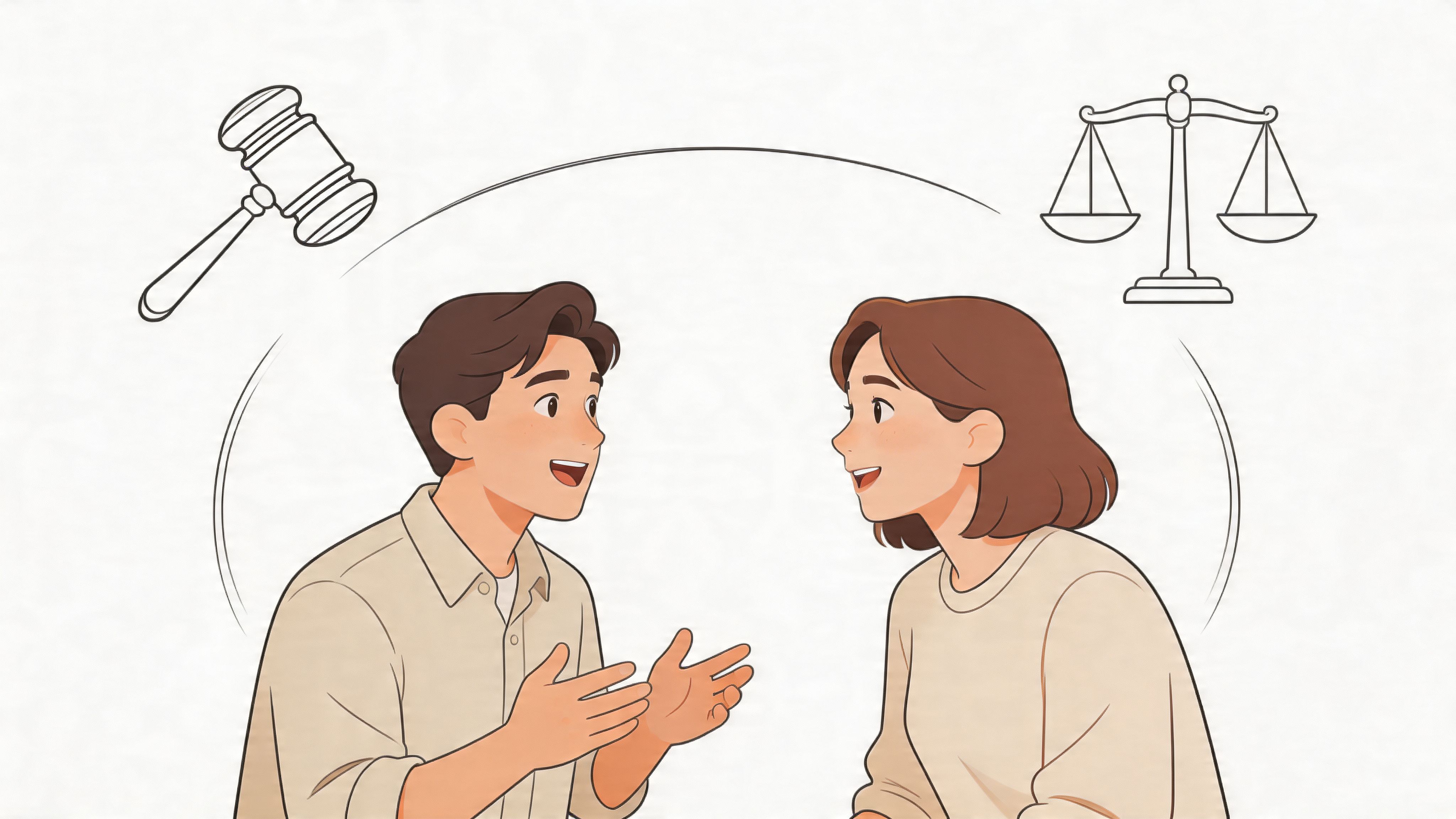 A man and woman engaging in a legal discussion represented by a gavel and scales of justice.