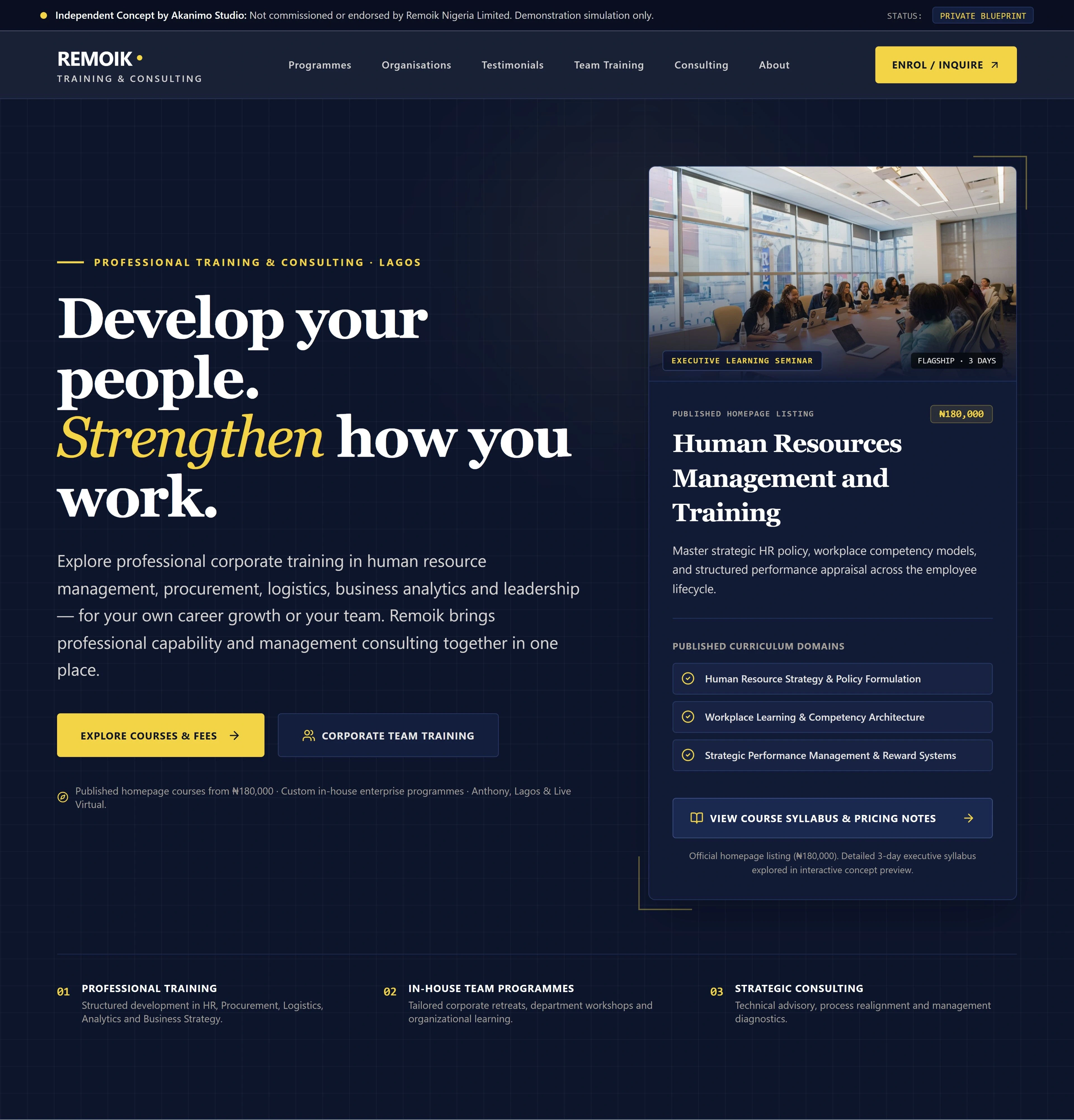 REMOIK TRAINING & CONSULTING — authentic full-width independent website concept interface.