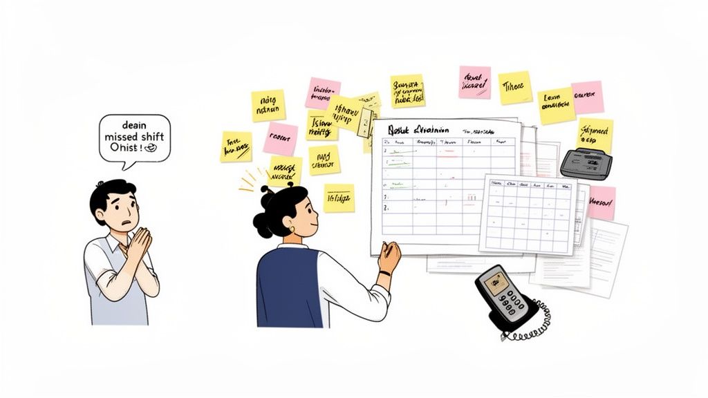 A distressed employee worries while another busy employee organizes sticky notes and calendars on a wall.