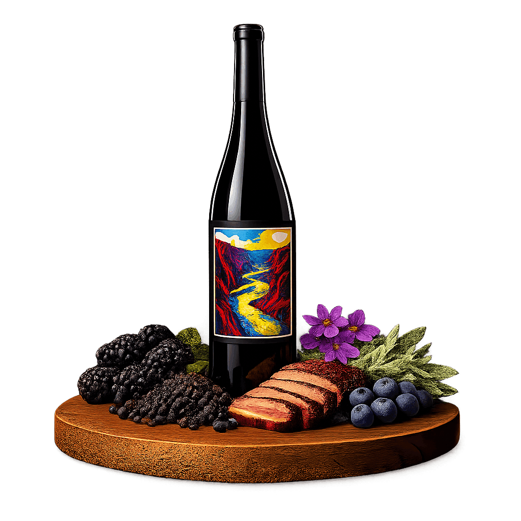 Artistic label and flavor profile for Idaho Snake River Valley Syrah on a rustic wooden table.