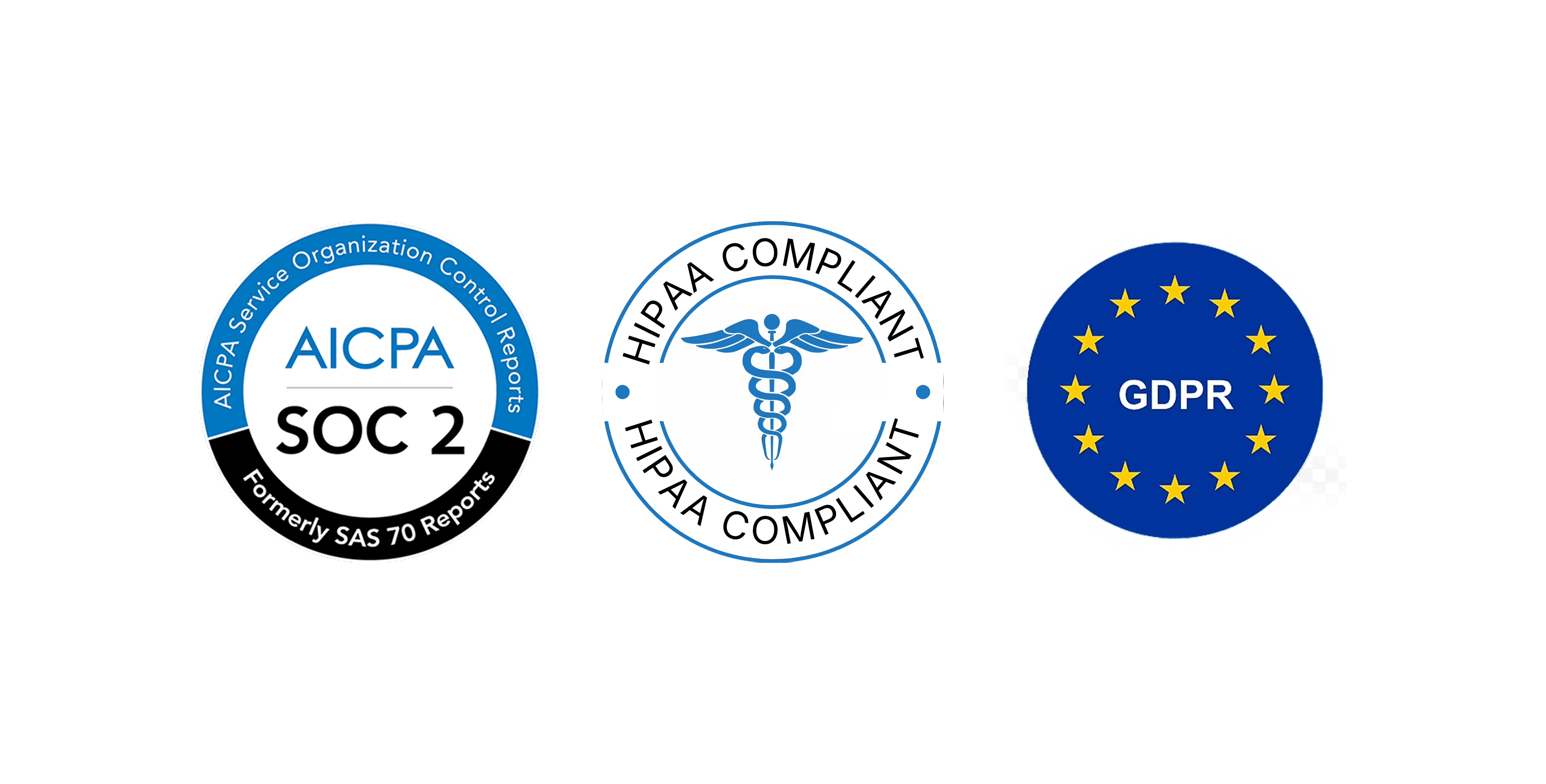 Set of security and compliance badges including SOC 2, HIPAA compliant, and GDPR