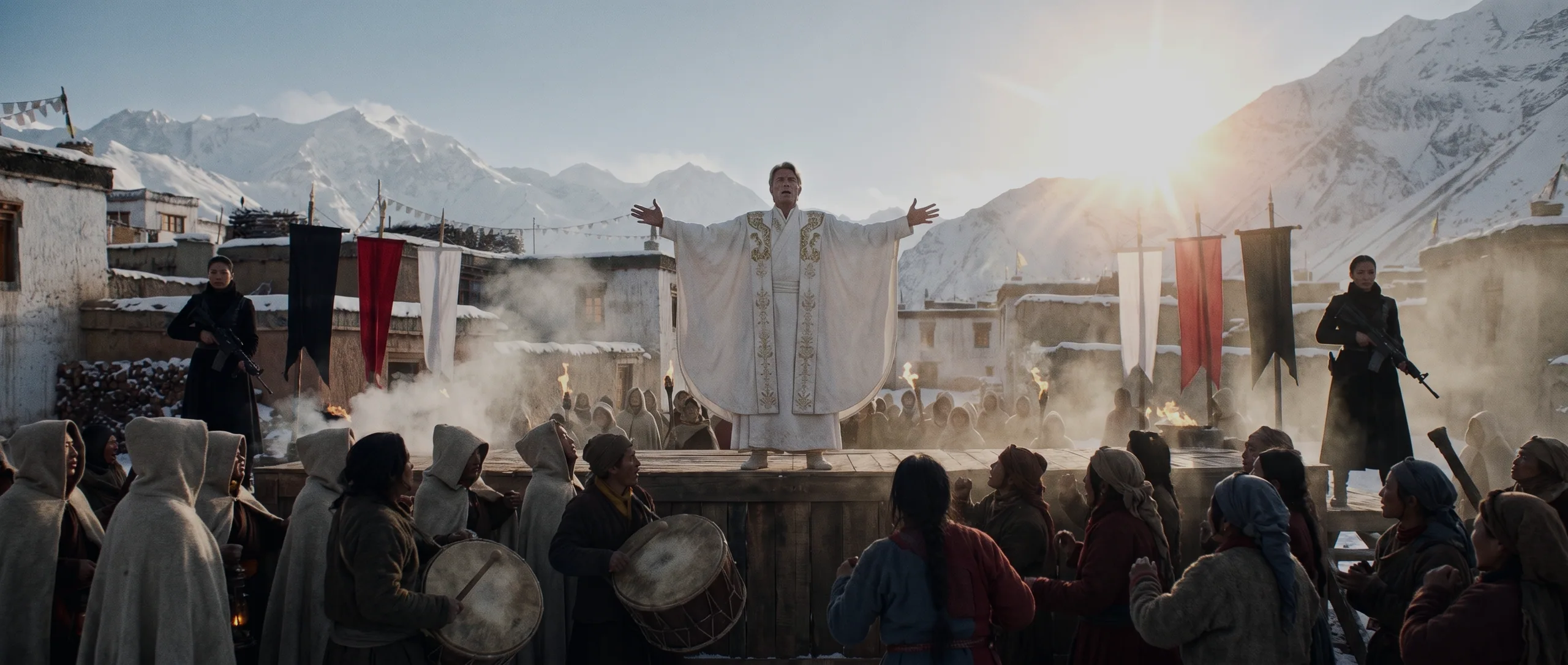 Concept art: a fair-haired man in white ceremonial robes standing on a timber platform with his arms spread, addressing a crowd of villagers in a snowbound square at sunrise, banners and drums around him.