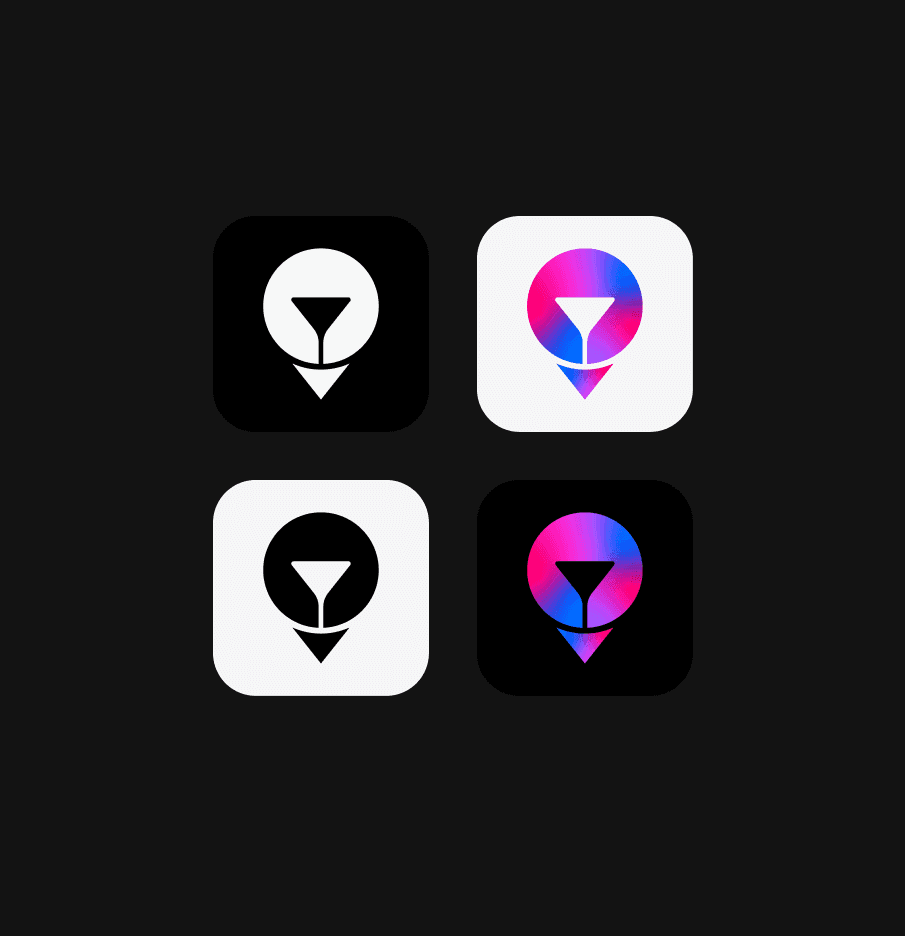 Four variations of the Nightify mobile app icon. Showcases the gradient location pin and martini glass logo against solid black and white backgrounds, as well as inverted versions, testing brand legibility across different UI environments.