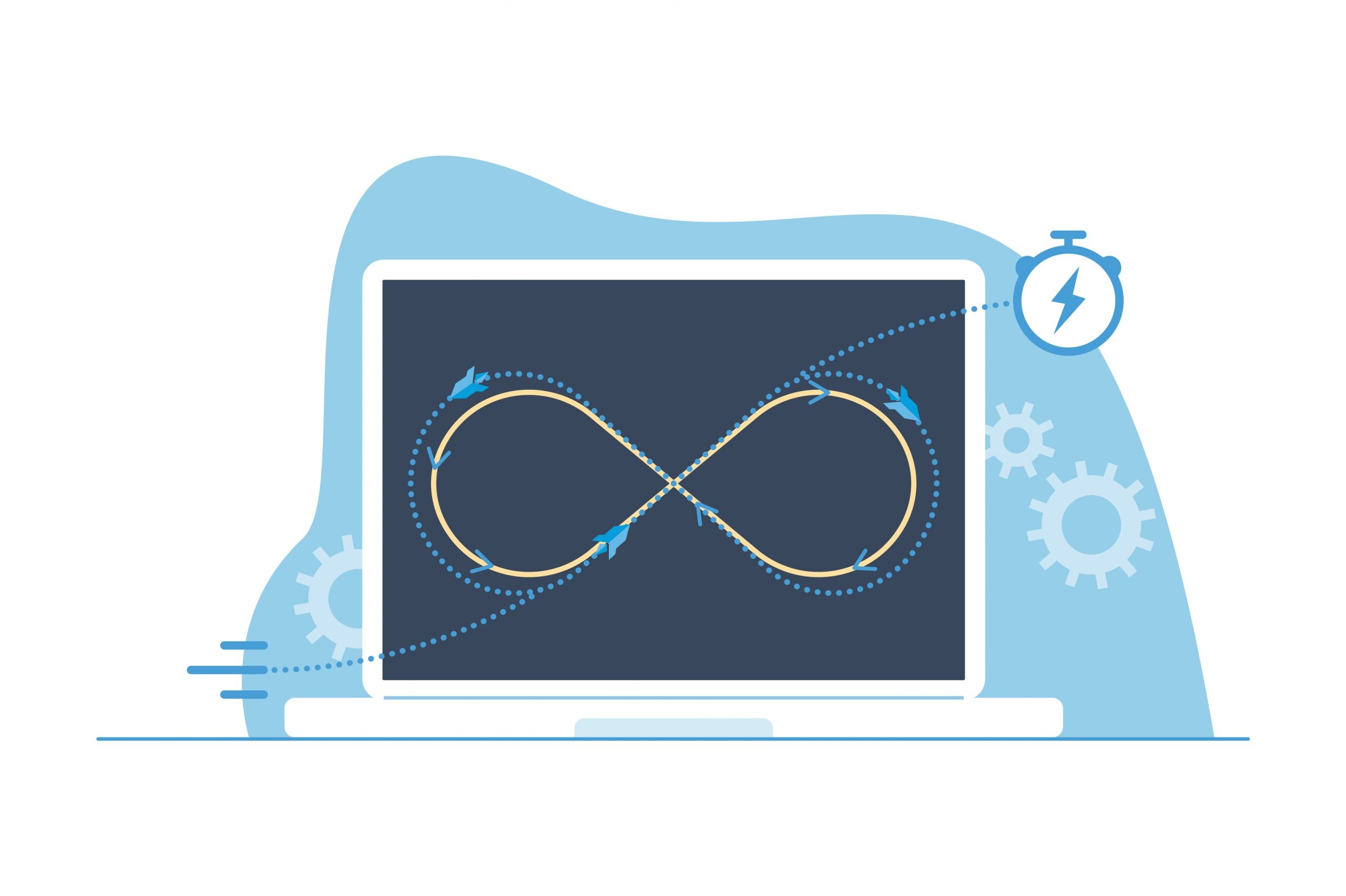 Vector illustration of a laptop screen displaying a blue infinity loop symbol, representing DevOps or automated workflows.
