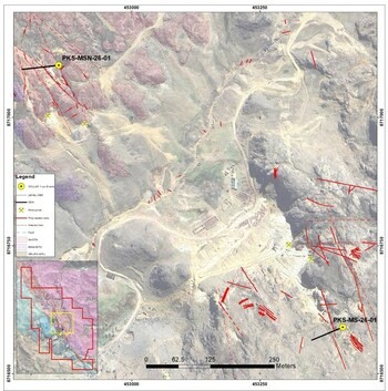 FIGURE 1 – Plan View: Madre Sierra and Madre Sierra Norte - Plan view showing the collars and traces of PKS-MS-26-01 and PKS-MSN-26-01 relative to the Veta NN and Veta Viviana structures at Madre Sierra and the NN 1, NN 2, NN 3 and Leydi structures at Madre Sierra Norte. (CNW Group/Titiminas Silver Inc)