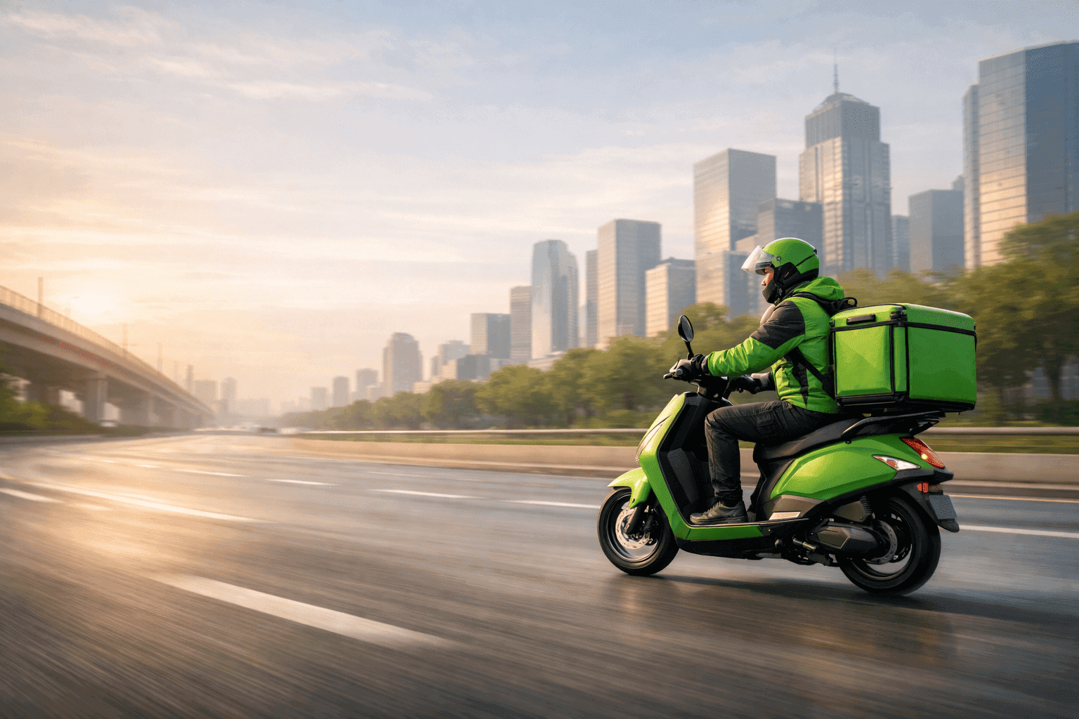 Yuvwaa Green electric delivery scooter on city road for sustainable last-mile delivery.
