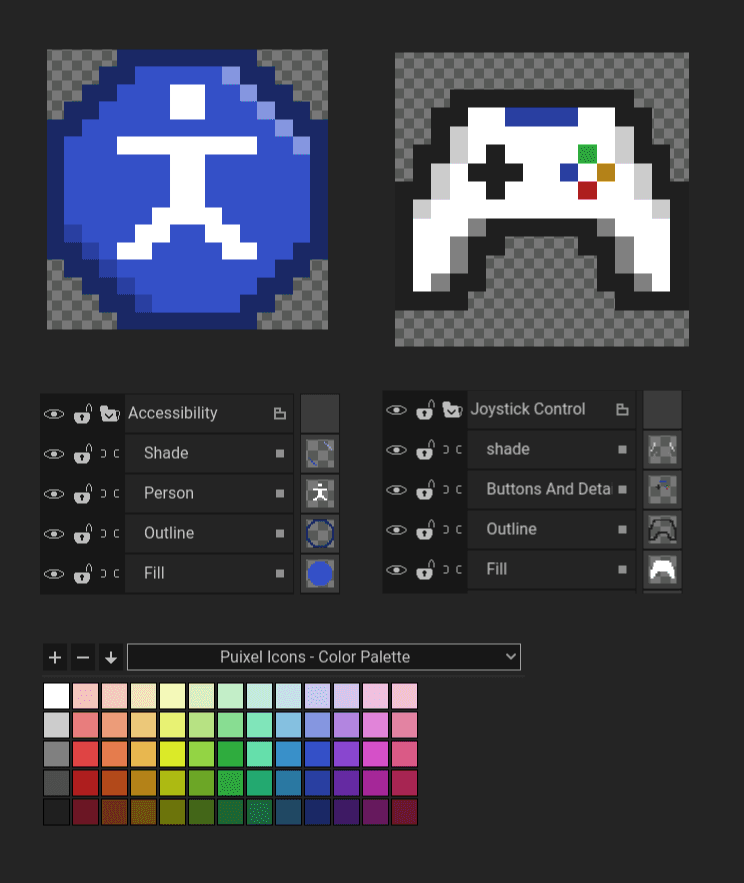 The image shows an accessibility icon and how is layered in Pixelorama, same for a joystick control icon, below is the color palette of Puixle icons