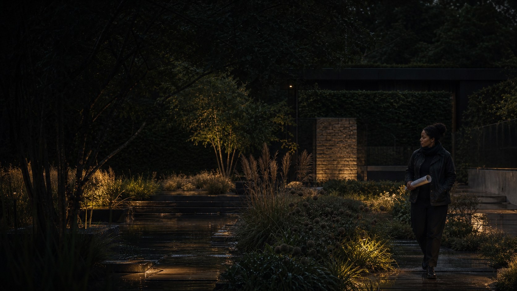 A rain-darkened Brackenward garden illuminated at dusk