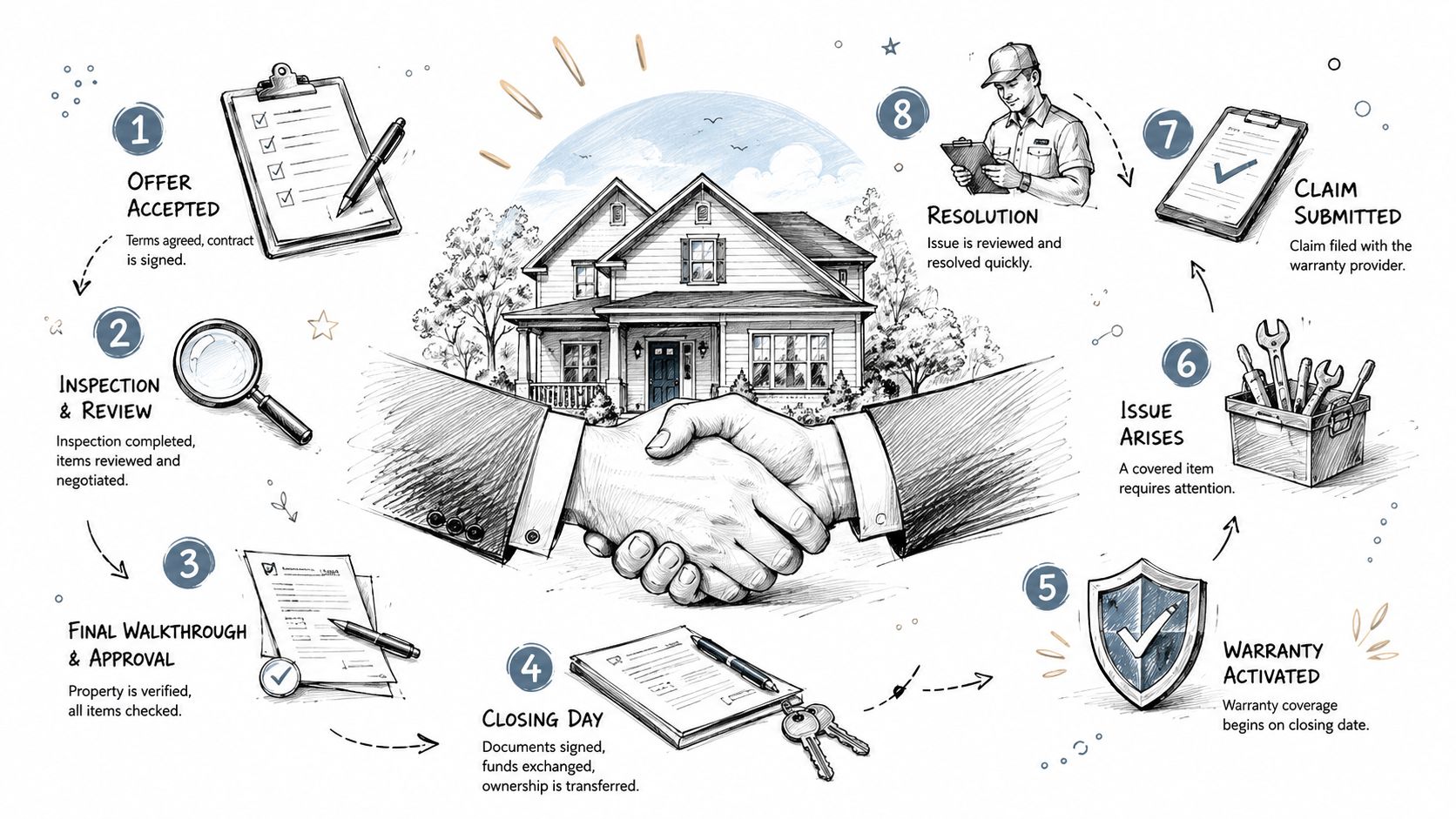 A hand-drawn infographic showing an eight-step process for home buying, real estate closing, and home warranty service.
