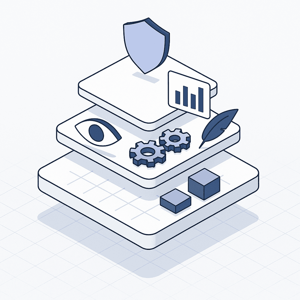 Isometric layered diagram visualizing integrated components of a full-stack AEO platform