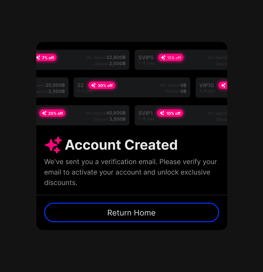 "Account Created" success modal for the Nightify app. The UI features a celebratory spark icon and a clear call to action to "Return Home," with a background preview of exclusive discount vouchers available to verified members.