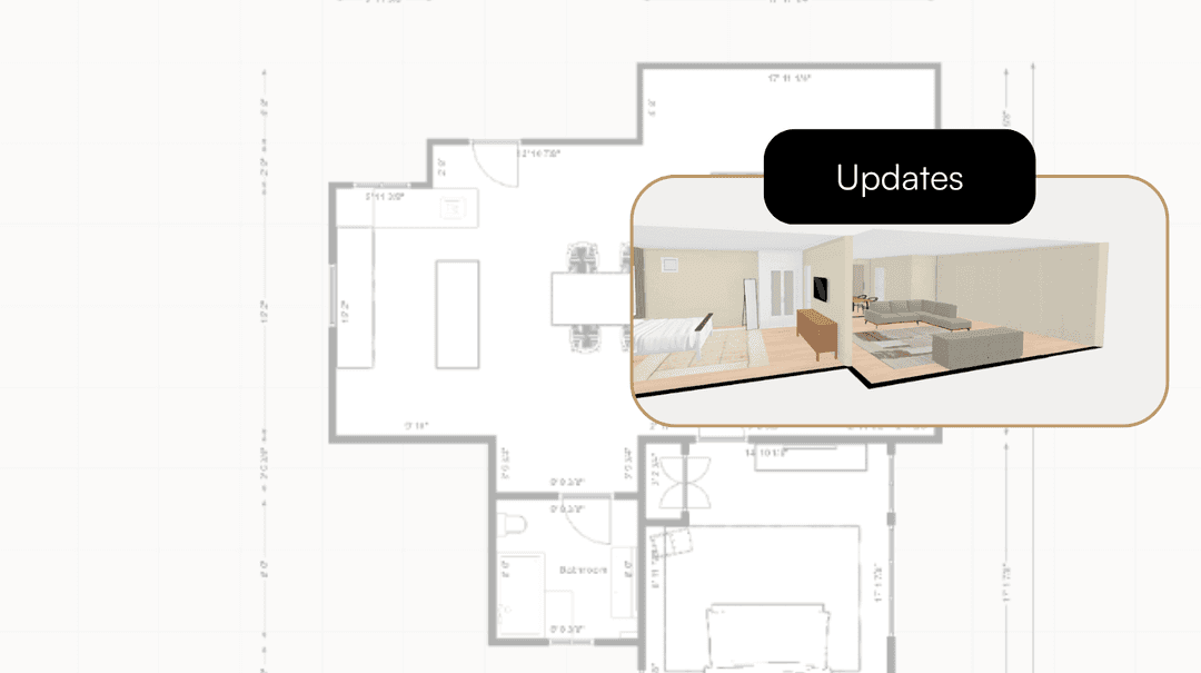 Architectural floor plan with 3D rendered living room showing layout and interior perspective