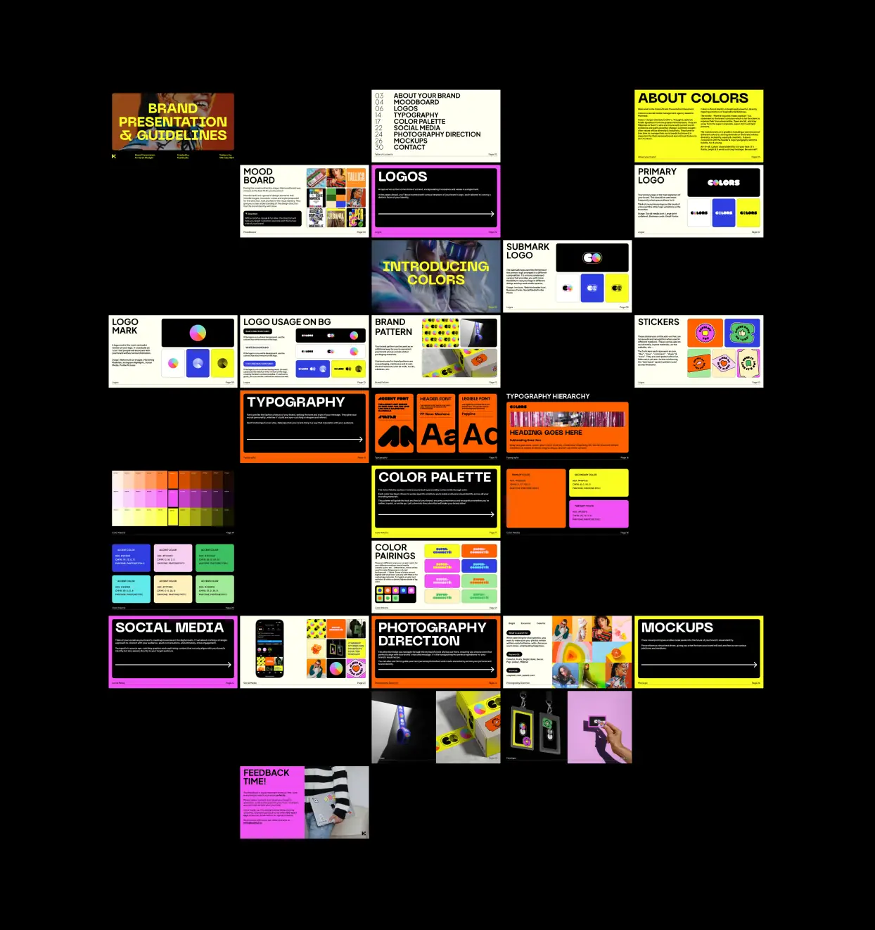 Grid of COLORS wof brand book pages, social layouts, and brand graphics displayed together.